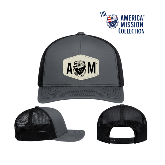 A.M. Laser Imprinted Leather Patch Trucker Cap