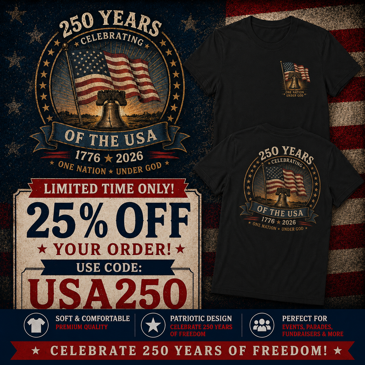 250 Years of Freedom – One Nation Under God Liberty Bell Anniversary Shirt