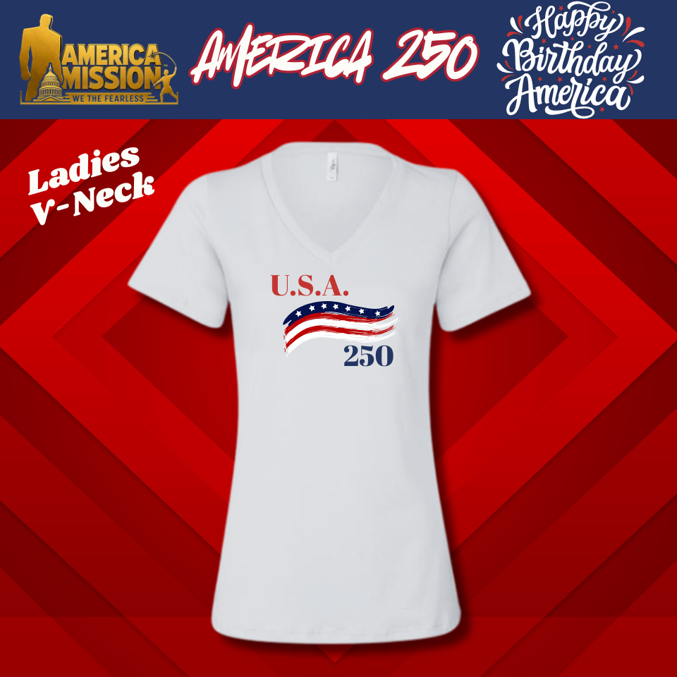 America 250 Patriotic Flag Ladies V Neck